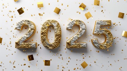 Happy New Year background with 2025 shiny golden numbers and confetti, glitter isolated on white background. Festive celebration banner