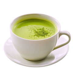 A white cup filled with steaming green tea, possibly flavored with mint, a healthy hot beverage
