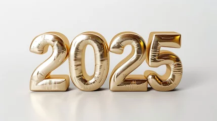 Foto op Canvas Happy New Year background with 2025 shiny golden numbers isolated on white background. Festive celebration banner © eireenz