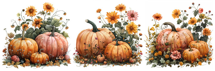 Watercolor floral pumpkins. Seasonal Thanksgiving design, fall season beautiful pumpkins with flowers and leaves hand drawn illustration set. Charming seasonal harvest posters