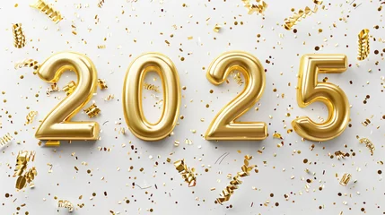 Gartenposter Happy New Year background with 2025 shiny golden numbers and confetti, glitter isolated on white background. Festive celebration banner © eireenz