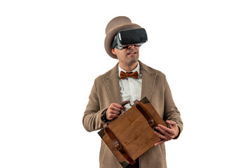 Vintage Man in Bowler Hat and Trench Coat with Virtual Reality Glasses and Antique Briefcase