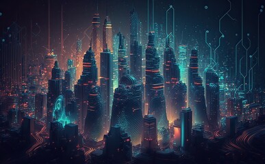 futuristic city over the sea artwork at night, 4k wallpaper - obrazy, fototapety, plakaty