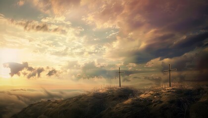 Obraz premium The Christianity themed with a dramatic beautiful of light vibrant background. Beautiful clouds, symbolizes humanity's hope for salvation