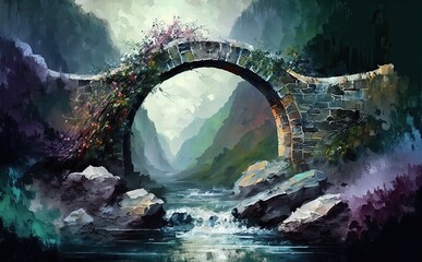 watercolour Mystical Bridge to Spiritual Realms painting texture with oil brushstroke - obrazy, fototapety, plakaty
