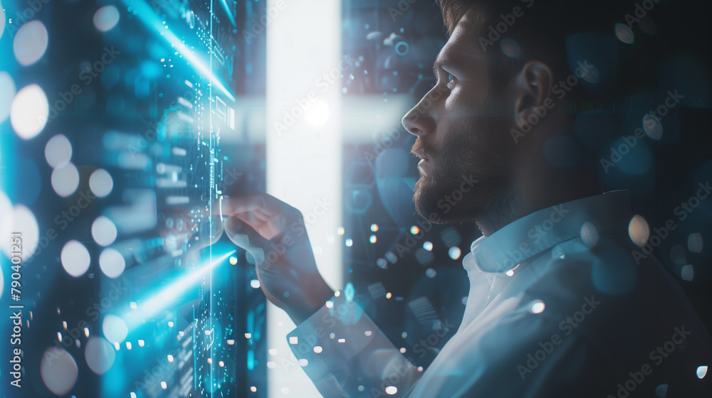 Poster a businessman analyzing complex data streams on a futuristic transparent digital display, showcasing