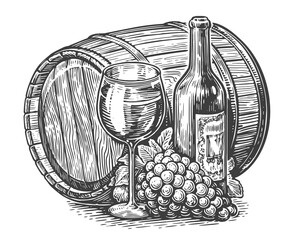 Wine bottle, glass of wine and wooden barrel. Vintage sketch vector illustration engraving style