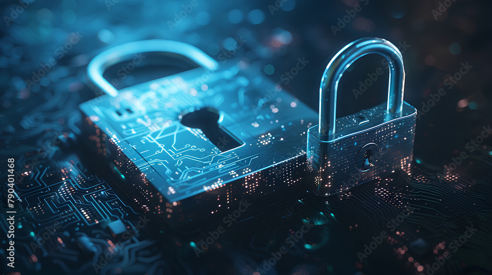 Poster digital padlock for computing system on dark blue background, cyber security technology for fraud pr