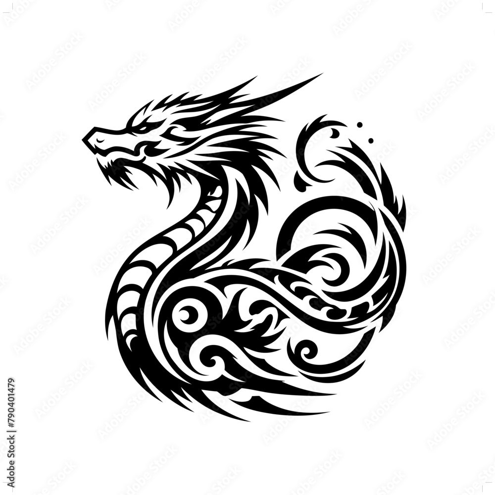 Wall mural water dragon in modern tribal tattoo, abstract line art of people, minimalist contour. vector