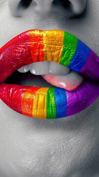 LGBTQ flag on a woman's lips. Pride month concept. Vertical image