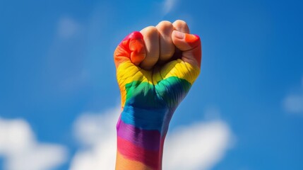 Fist raised in the colors of the LGBT flag. Pride month. LGBTQ concept