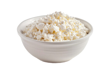 A bowl full of fresh white cottage cheese isolated on a white background.