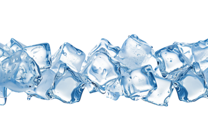 Crystal-clear ice cubes in various shapes sit isolated on a bright white background