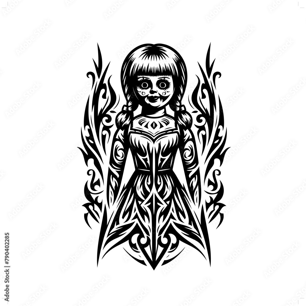 Wall mural Annabelle; doll in modern tribal tattoo, abstract line art of horror character, minimalist contour. Vector