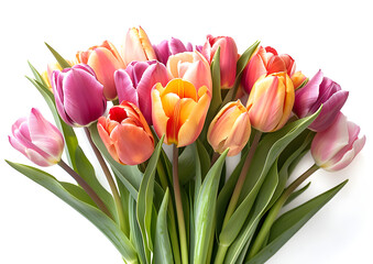 Colorful tulips bunch isolated on white background. Suitable for floral decoration or festive celebration.