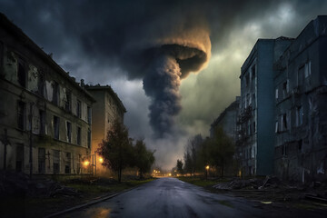 Nuclear mushroom cloud over destroyed city