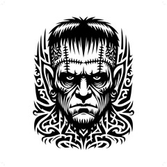 frankenstein in modern tribal tattoo, abstract line art of horror character, minimalist contour. Vector
