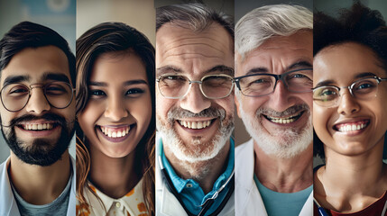A collage of smiling faces, young and old, representing a healthy global population, World Health Day, doctor, hospital, with copy space - Powered by Adobe