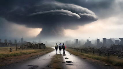 Three backpackers and mushroom cloud