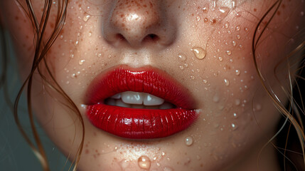 Close-Up of Glossy Red Lips with Water Droplets