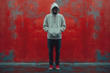An artist wearing a hoodie stands in front of a magenta wall