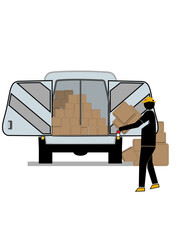 A man is carrying stacked of boxes into a truck