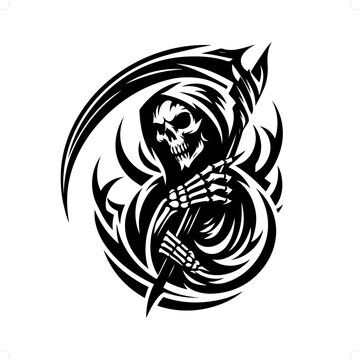 recommend clip art: grim reaper in modern tribal tattoo, abstract line art of horror character, minimalist contour. Vector