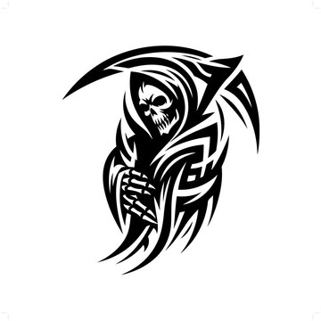 recommend clip art: grim reaper in modern tribal tattoo, abstract line art of horror character, minimalist contour. Vector