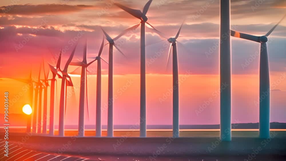 Poster row of windmills with setting sun generative ai