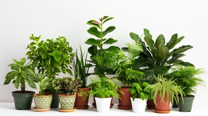 Fototapeta premium Collection of Beautiful Indoor Plants in Various Pots on a White Background