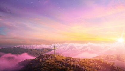 The Christianity themed with a dramatic beautiful of light vibrant background. Beautiful clouds, symbolizes humanity's hope for salvation - obrazy, fototapety, plakaty