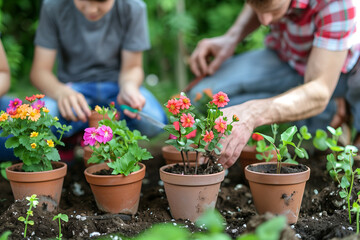 photo of family potting flowers together in the garden, against a minimalistic background of soft earth tones, emphasizing the bond and shared joy of gardening.
