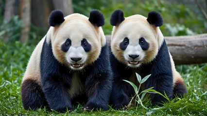 Two pandas in the zoo, sitting next to each other, waiting to be fed,