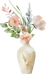 Vector watercolor clay vase with pink nice flowers. Greeting cards, invitation, wedding card, save the date, celebration, anniversary, birthday, party, event, holiday, print