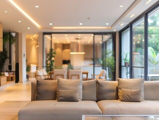 Fototapeta premium Inviting blurred view of a grand living room with soft background