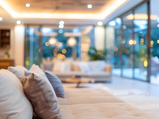 Inviting blurred view of a grand living room with soft background