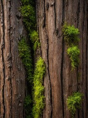 Rugged texture of tree bark, interspersed with vibrant green moss clinging to crevices. This...