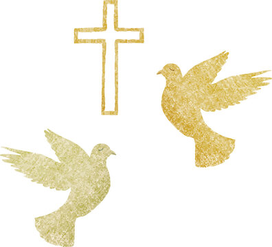 Golden pigeons are fly, cross. Baptism. greeting cards, invitation, wedding card, save the date, celebration, anniversary, birthday, party, event, holiday, print