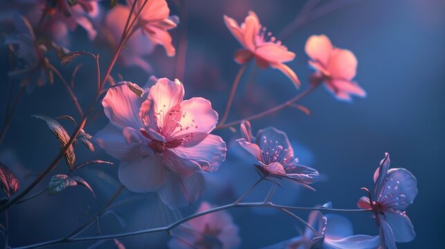 Ethereal blooms glowing softly in the moonlight, casting delicate shadows against a backdrop of midnight blue.