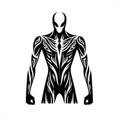 Slenderman in modern tribal tattoo, abstract line art of horror character, minimalist contour. Vector