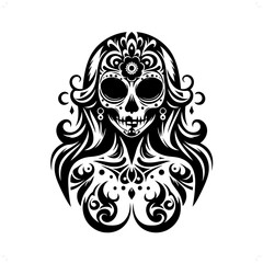 Fototapeta premium sugar skull girl in modern tribal tattoo, abstract line art of horror character, minimalist contour. Vector