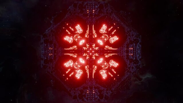 Alien fractal spacecraft rotating in cosmic nebula, 3d seamless loop