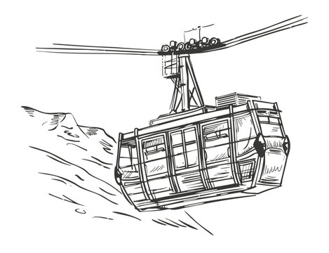 recommend clip art: Detailed sketch of cable car in mountainous terrain. Vector illustration