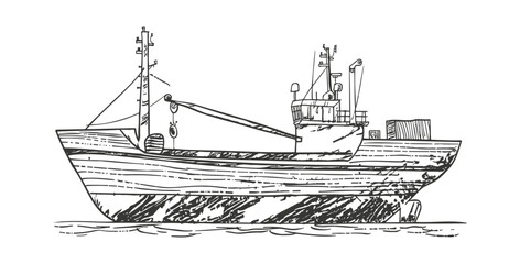 Vector Illustration of a fishing boat with net at sea. 