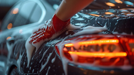 Close-up of an experienced car wash employee's hands as they polish a vehicle's exterior to a...
