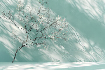 Teal background with tree branches with dynamic shadows on a wall