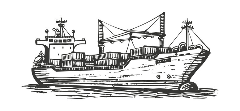 black and white cargo ship on the water clip art preview