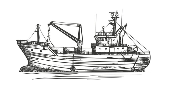 recommend clip art: Commercial fishing trawler at sea ink drawing. Vector illustration