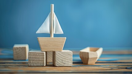 Company Information Symbol on Wooden Blocks in front of Blue Background with Boat