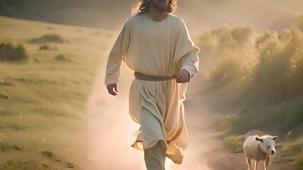 Jesus Walking Beside Sheep on Dirt Road Generative AI